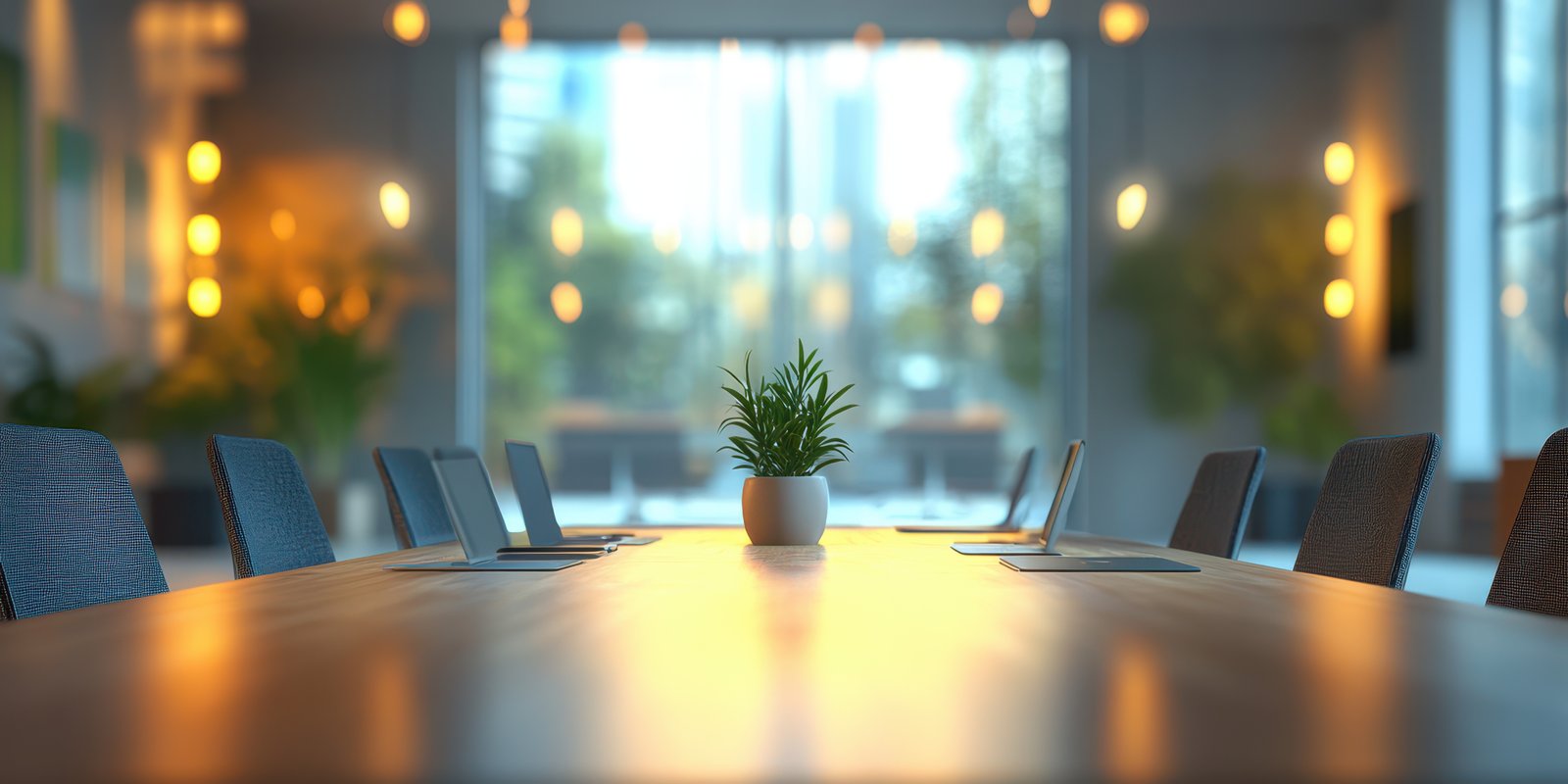 Modern conference room with elegant design, natural light, and minimalist decor in an urban environment